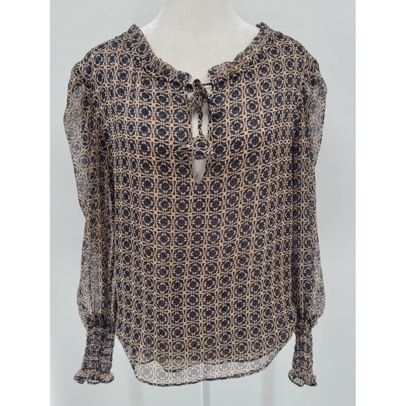 Misa Los Angeles Sheer Boho Women Blouse Top XS Ruffle Tassel Balloon Blue Tan - Picture 1 of 10